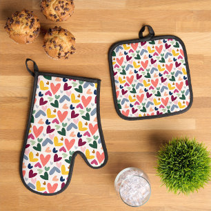 Ensemble De Gant De Cuisine Et De Manique Mint Vert bleu rose Coeurs Bleus Motif d'art