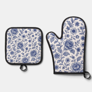 Ensemble De Gant De Cuisine Et De Manique Modèle Floral Royal Bleu Rose