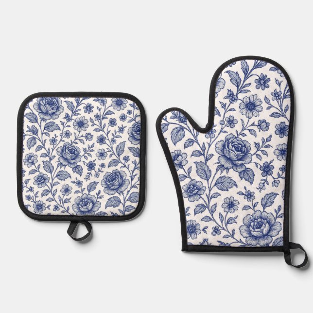 Ensemble De Gant De Cuisine Et De Manique Modèle Floral Royal Bleu Rose (Recto)