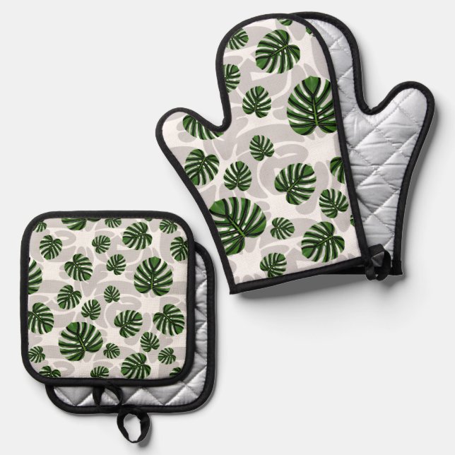 Ensemble De Gant De Cuisine Et De Manique Modern Boho Botanical Leaves Pattern (Recto/Verso)