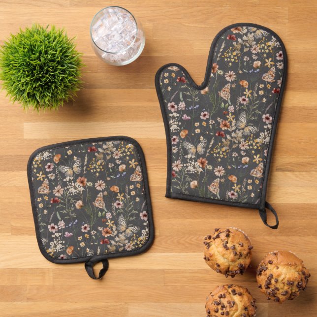 Ensemble De Gant De Cuisine Et De Manique Modern Boho Floral Monogram Name (De haut en bas)