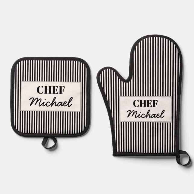 Ensemble De Gant De Cuisine Et De Manique Modern Custom Personalized Chef Black Striped  (Recto)
