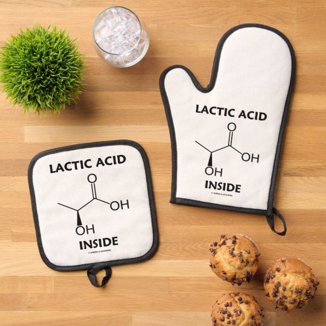 Ensemble De Gant De Cuisine Et De Manique Molécule d'acide lactique à l'intérieur (De haut en bas)