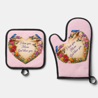 Ensemble De Gant De Cuisine Et De Manique Mom's Pink Floral Heart Oven Mitt /Pot Holders Set