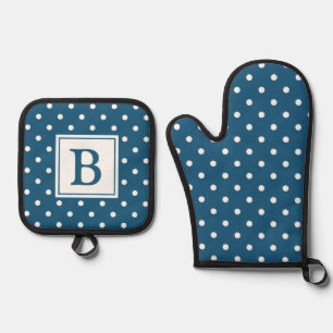 Ensemble De Gant De Cuisine Et De Manique Monogramme à pois bleu et blanc