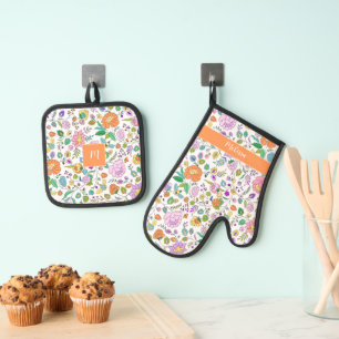 Ensemble De Gant De Cuisine Et De Manique Monogramme Coloré Fun mignon Floral Pattern Enfant