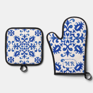 Ensemble De Gant De Cuisine Et De Manique Monogramme de carreau bleu portugais