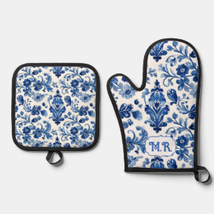 Ensemble De Gant De Cuisine Et De Manique Monogramme de carreau floral bleu méditerranéen