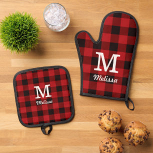 Ensemble De Gant De Cuisine Et De Manique Monogramme de Noël Russe Rouge Buffalo Plaid