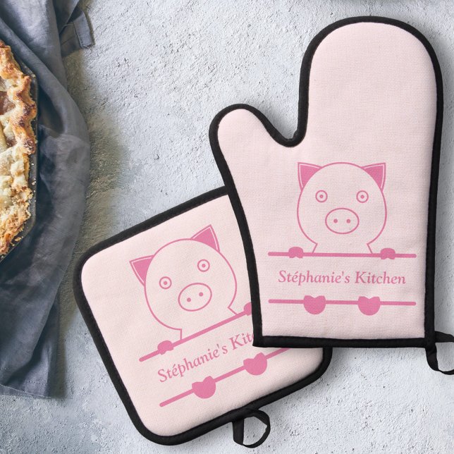 Ensemble De Gant De Cuisine Et De Manique Monogramme de porc mignon (Cute Pig Monogram Oven Mitt & Pot Holder Set)