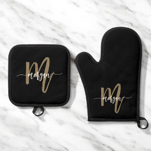 Ensemble De Gant De Cuisine Et De Manique Monogramme d'or noir - Script de cuisine moderne