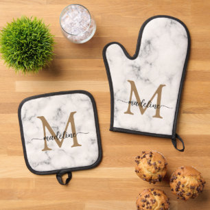 Ensemble De Gant De Cuisine Et De Manique Monogramme écriture girly or marbre moderne