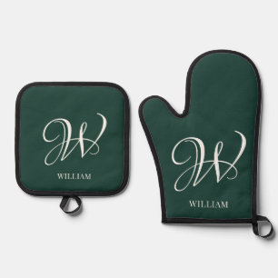 Ensemble De Gant De Cuisine Et De Manique Monogramme Émeraude Élégant Personnalisé Initial