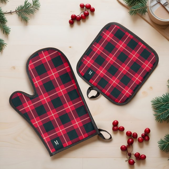 Ensemble De Gant De Cuisine Et De Manique Monogramme en carton rouge et noir (Red & Black Checkerboard Buffalo Plaid Monogram Oven Mitt & Pot Holder Set)