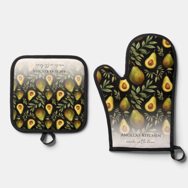 Ensemble De Gant De Cuisine Et De Manique Monogramme fait avec amour Motif Avocado (Recto)