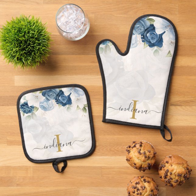 Ensemble De Gant De Cuisine Et De Manique Monogramme floral bleu foncé personnalisé (De haut en bas)