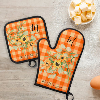 Ensemble De Gant De Cuisine Et De Manique monogramme floral de cuisine rétro nom plaid