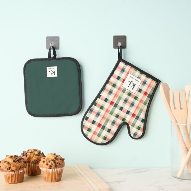 Ensemble De Gant De Cuisine Et De Manique Monogramme Gingham Émeraude Doux (In situ (suspendu))
