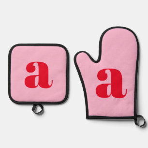 Ensemble De Gant De Cuisine Et De Manique Monogramme Initial Personnalisé Rose Moderne