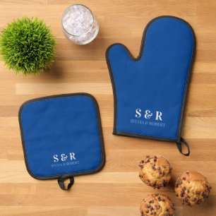 Ensemble De Gant De Cuisine Et De Manique Monogramme Initiales Couple Nom Bleu