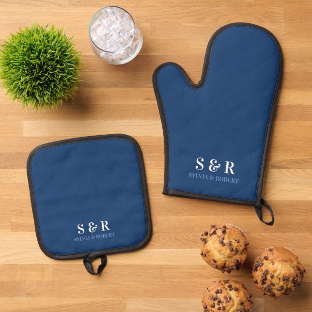Ensemble De Gant De Cuisine Et De Manique Monogramme Initiales Couple Nom Marine Bleu (De haut en bas)