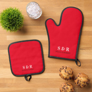 Ensemble De Gant De Cuisine Et De Manique Monogramme Initiales Couple Nom Rouge