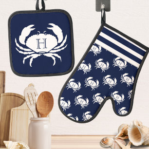 Ensemble De Gant De Cuisine Et De Manique Monogramme Marine Bleu Crabe Blanc Nautique
