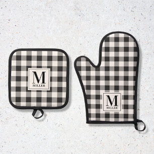 Ensemble De Gant De Cuisine Et De Manique Monogramme moderne Farmhouse Black Buffalo Check