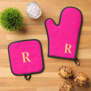 Ensemble De Gant De Cuisine Et De Manique Monogramme moderne Hot rose