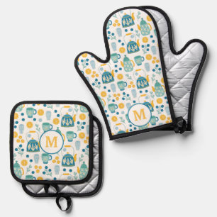 Ensemble De Gant De Cuisine Et De Manique Monogramme Motif du temps de thé bleu or