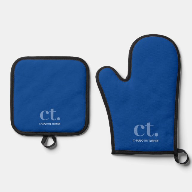 Ensemble De Gant De Cuisine Et De Manique Monogramme Nom initial bleu (Recto)