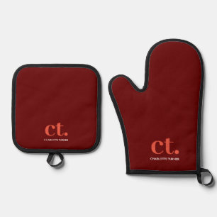 Ensemble De Gant De Cuisine Et De Manique Monogramme Nom initial Bourgogne Rouge