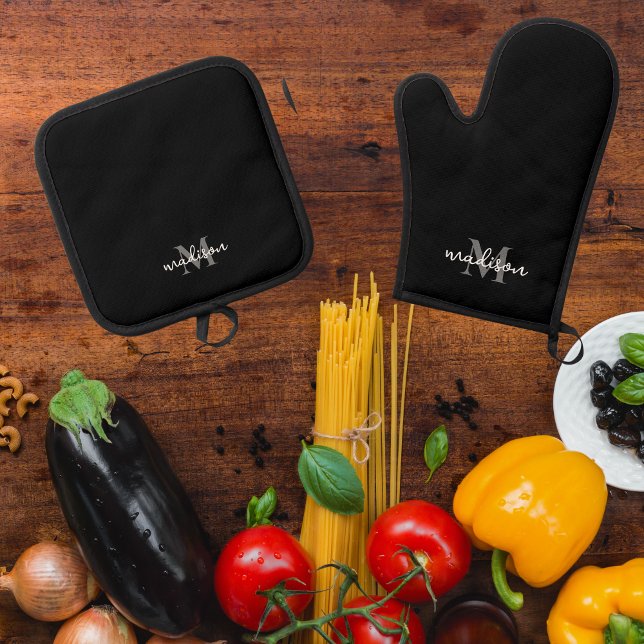 Ensemble De Gant De Cuisine Et De Manique Monogramme Nom initial Noir (Monogrammed black oven mitt and pot holder)