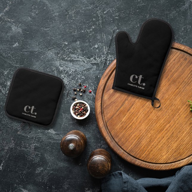 Ensemble De Gant De Cuisine Et De Manique Monogramme Nom initial Noir (monogrammed pot holder and mitt)