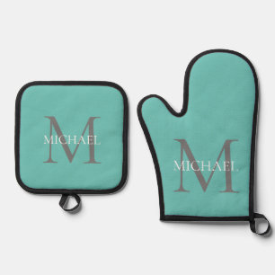 Ensemble De Gant De Cuisine Et De Manique Monogramme personnalisé et nom Turquoise clair