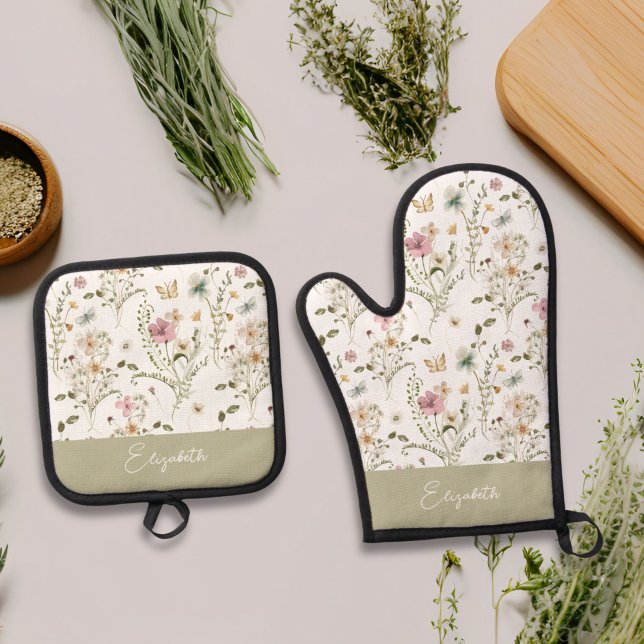 Ensemble De Gant De Cuisine Et De Manique Monogramme personnalisé Fleur sauvage floral (Créateur téléchargé)