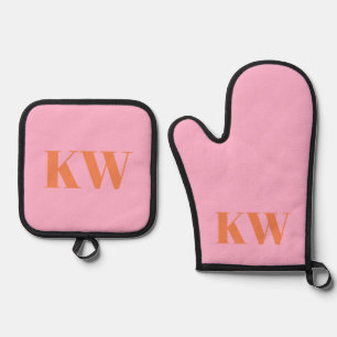 Ensemble De Gant De Cuisine Et De Manique Monogramme personnalisé rose orange moderne initia