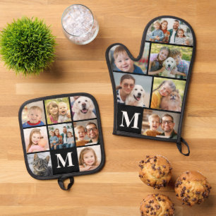Ensemble De Gant De Cuisine Et De Manique Monogramme simple Collage photo Mitt 6 Potholder 8