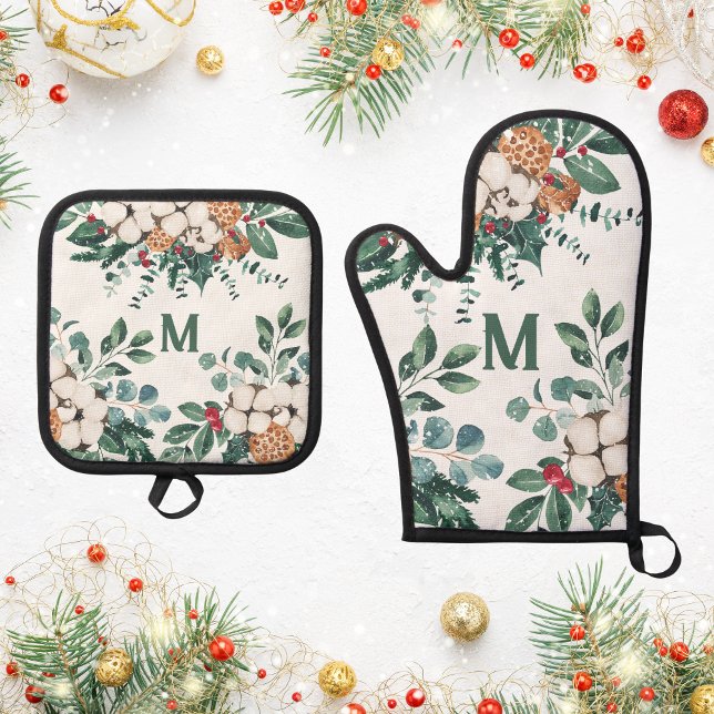 Ensemble De Gant De Cuisine Et De Manique Monogramme sur mesure Noël vert (Créateur téléchargé)