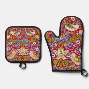 Ensemble De Gant De Cuisine Et De Manique Morris Red Arrière - plan Strawberry Thief Motif