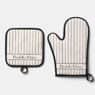 Ensemble De Gant De Cuisine Et De Manique Motif à rayures noir blanc personnalisé