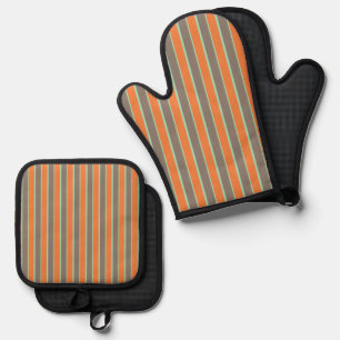 Ensemble De Gant De Cuisine Et De Manique Motif à rayures vert, gris et orange