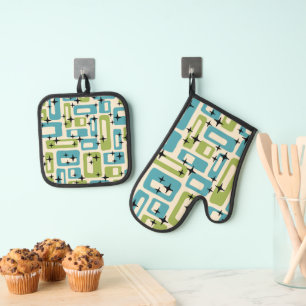 Ensemble De Gant De Cuisine Et De Manique Motif Abstrait moderne du milieu du siècle