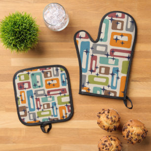 Ensemble De Gant De Cuisine Et De Manique Motif Abstrait moderne rétro du milieu du siècle
