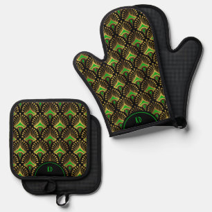 Ensemble De Gant De Cuisine Et De Manique Motif Art Déco Green Gold sur fond noir