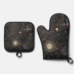 Ensemble De Gant De Cuisine Et De Manique Motif Astrologique Black Gold