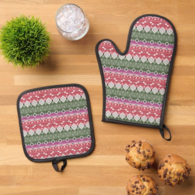 Ensemble De Gant De Cuisine Et De Manique Motif Aztec, rayures / (De haut en bas)