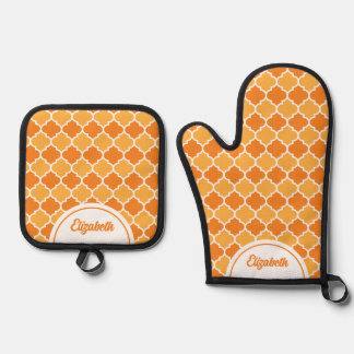 Ensemble De Gant De Cuisine Et De Manique Motif blanc orange quatrefoil personnalisé