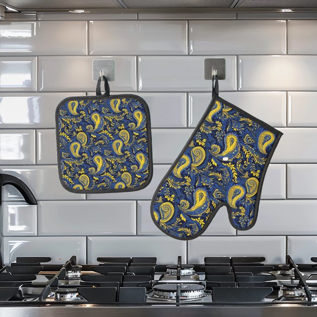 Ensemble De Gant De Cuisine Et De Manique Motif bleu jaune Paisley (Créateur téléchargé)