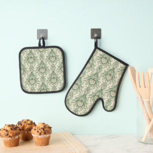 Ensemble De Gant De Cuisine Et De Manique Motif botanique vert vintage